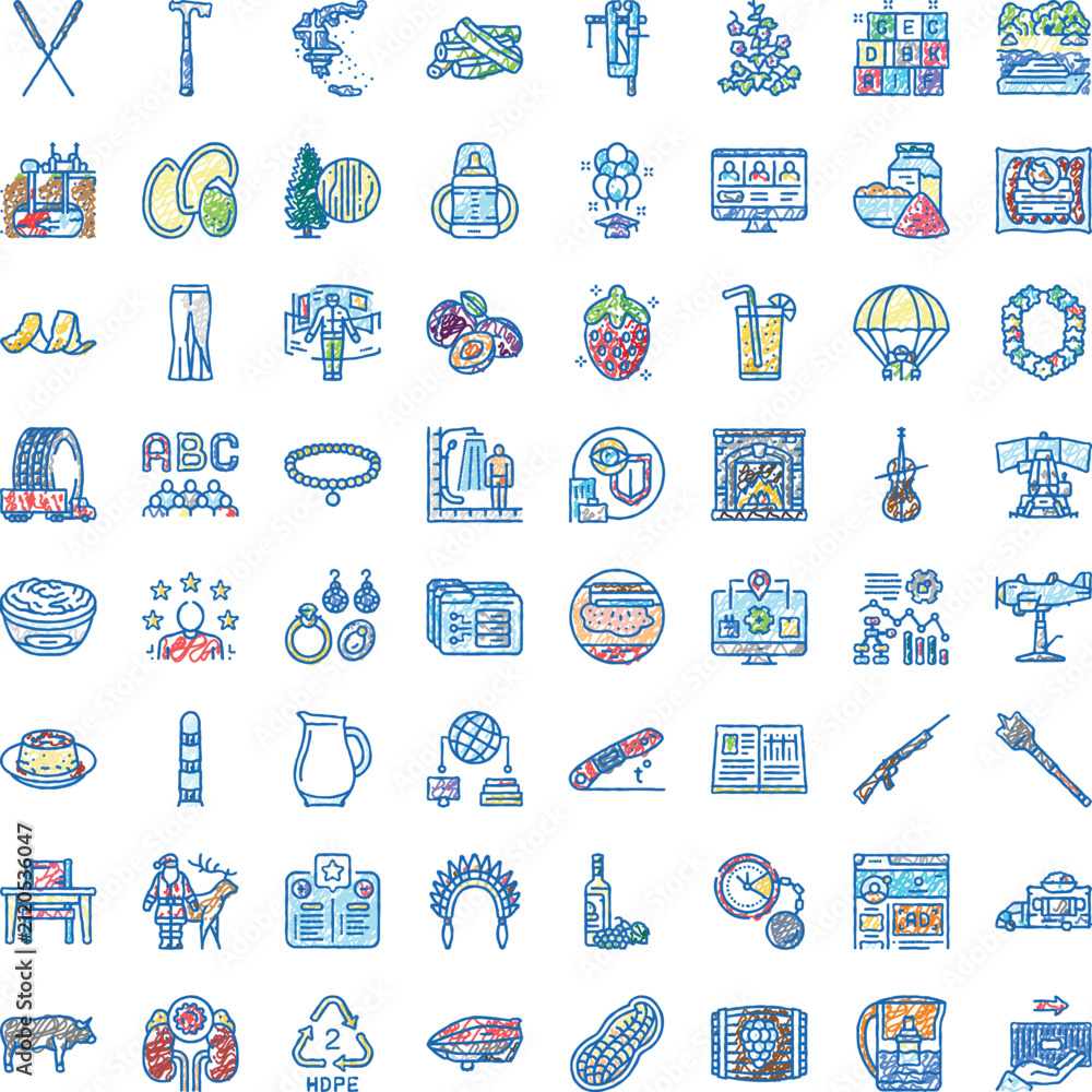 Fototapeta premium Diverse collection of hand drawn icons in doodle style, representing various objects, concepts, and daily life items, depicting a wide range of themes for design and illustration