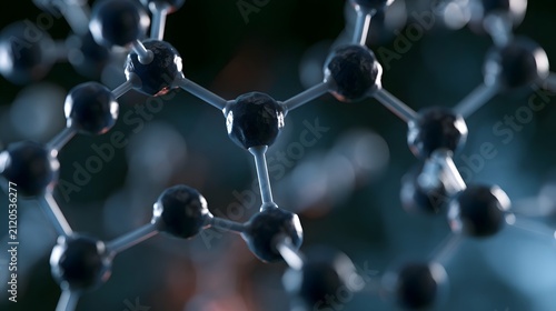 Close up of a molecular structure with interconnected spheres and rods forming a hexagonal pattern against a blurred background