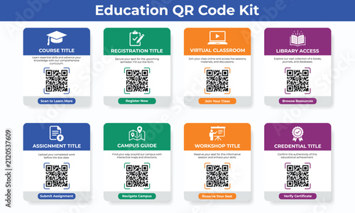 Education qr code kit set with modern colorful templates for school, university, online learning, course registration, library access, and campus navigation
