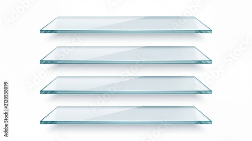 Four empty rectangular floating glass shelves arranged vertically for product display purposes on white background