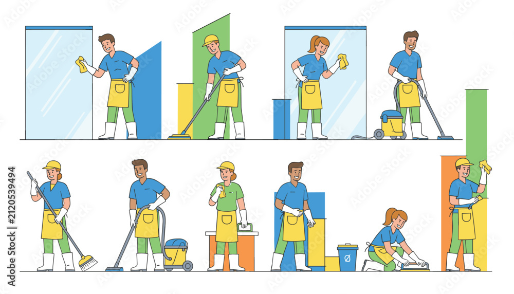 Fototapeta premium Group of professional cleaning staff in uniforms performing various cleaning tasks like mopping and wiping glass surfaces.