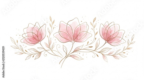 Delicate pink watercolor flowers with gold ink outline foliage arranged in artistic style on white background