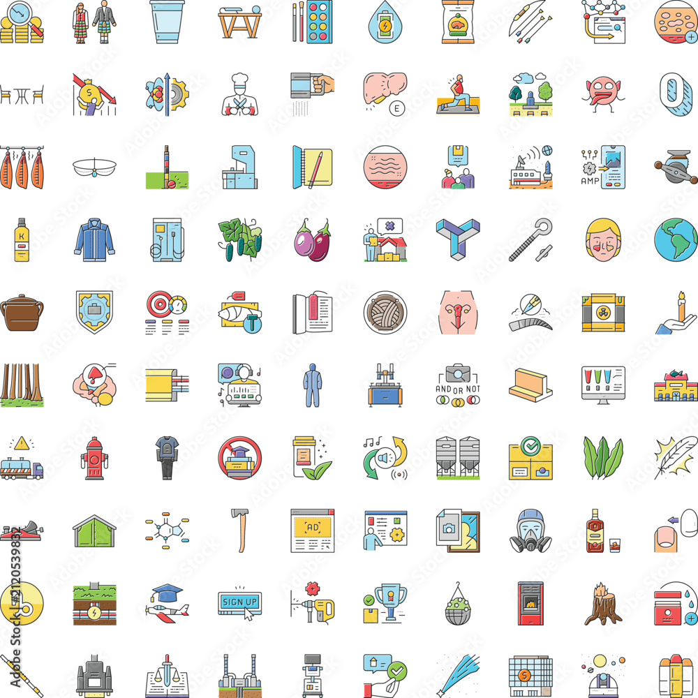 Fototapeta premium Large collection of varied icon designs illustrating many concepts, including web, education, technology, medicine, science, nature, industry, lifestyle, and sports on a white background