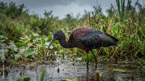 Glossy Ibis (Plegadis falcinellus) Foraging in a Wetland – Elegant Wading Bird with Iridescent Plumage