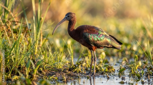Glossy Ibis (Plegadis falcinellus) Foraging in a Wetland – Elegant Wading Bird with Iridescent Plumage