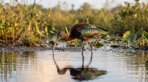 Glossy Ibis (Plegadis falcinellus) Foraging in a Wetland – Elegant Wading Bird with Iridescent Plumage