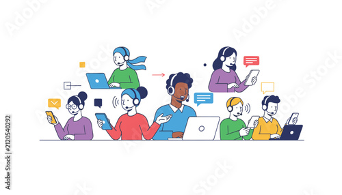 Team of customer service representatives wearing headsets and working on laptops, tablets, and smartphones for efficient global business communication.