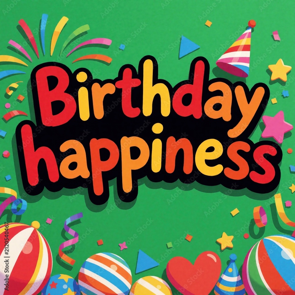 Obraz premium Vibrant illustration with Birthday Happiness text. Colorful confetti streamers party hats balls and stars on green background create festive celebration mood.