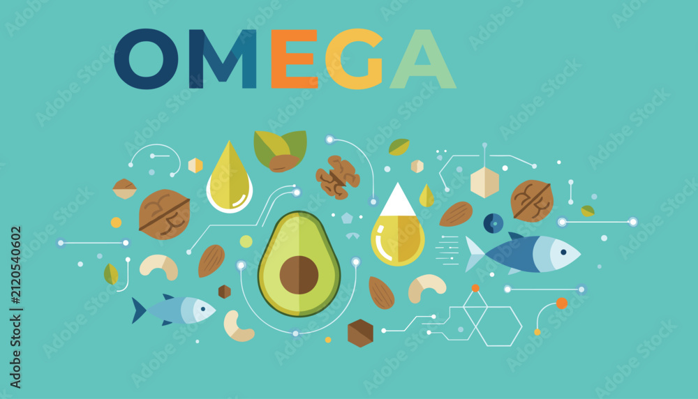 Fototapeta premium Omega nutrition concept featuring a healthy selection of fish, avocado, almonds, and nuts against a soft blue background for wellness.
