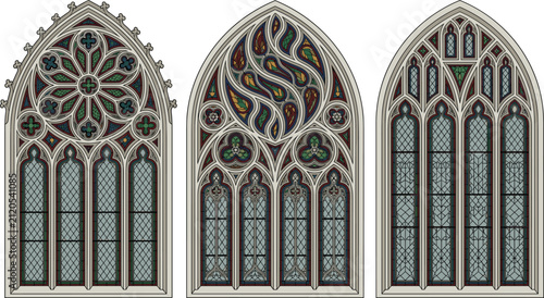 Set of ornate Gothic stained glass windows