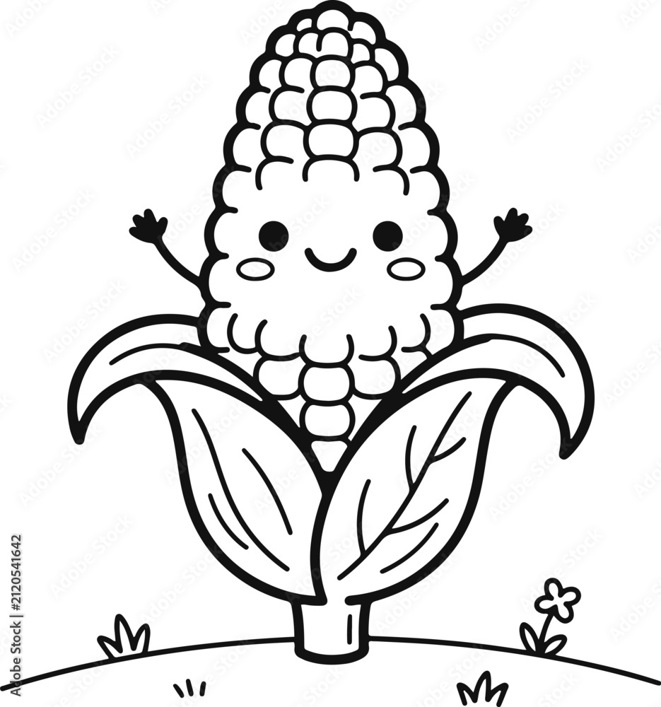 Obraz premium Cute Smiling Corn on the Cob Coloring Page for Kids Black and White Kawaii Vegetable Line Art