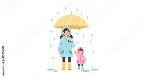 A young girl and a toddler walk together in the rain