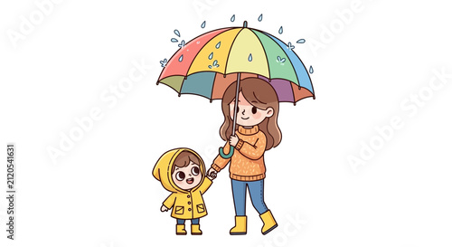 A young person and a small child walk under an umbrella