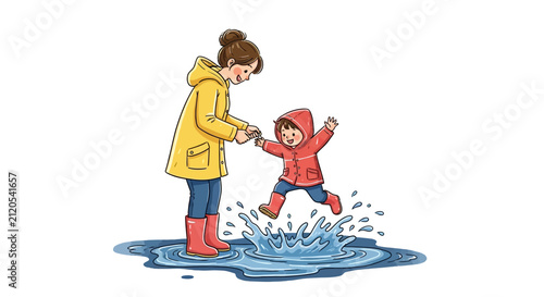 A woman and a child play in a puddle during a rainy day