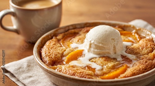 Southern desserts, a warm peach cobbler topped with vanilla ice cream and a creamy drizzle