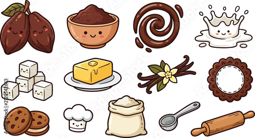 Cute Kawaii Chocolate Baking Ingredients Icon Set with Cocoa Beans Milk Splash Butter Sugar and Sweet Cookie Vector Illustrations
