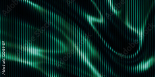 Emerald Green Digital Scanline Background with Glowing Curved Waves and Futuristic Vertical Texture modern visual composition eps10