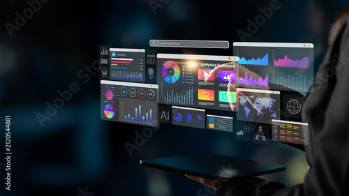 Quadro su tela Colorful data dashboards with graphs, charts, and marketing metrics representing