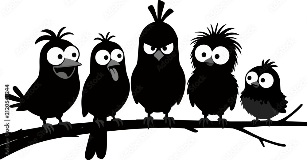 Naklejka premium Funny black bird silhouettes on a branch, cute cartoon crow characters with expressive eyes, group of five quirky avian icons on white background