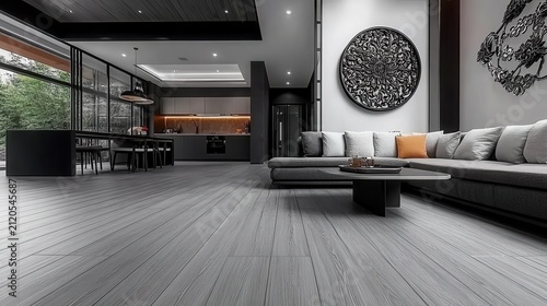 Modern living room and dining area with a minimalist aesthetic
