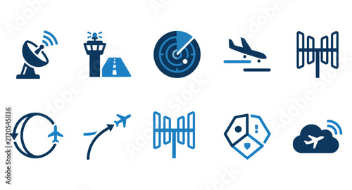 Set of modern aviation and airport icons with radar satellite and airplane flight navigation symbols Minimal solid fill icon set bundle collection. Editable Vector Illustration Mega pack