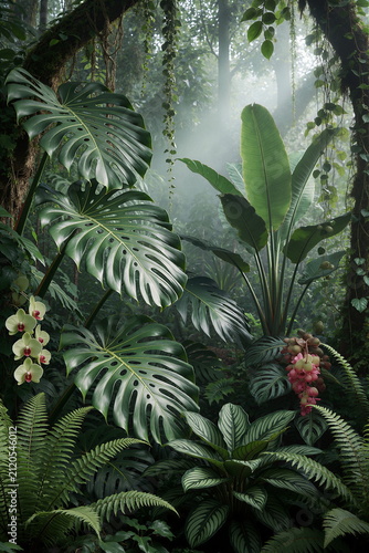 A dense rainforest scene with towering trees and lush greenery. 