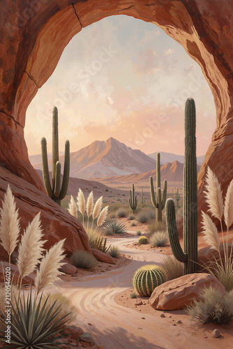 A vivid desert landscape viewed through a rocky archway. 
