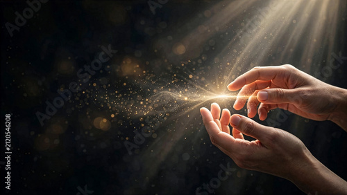Two open human hands reaching toward a beam of divine light, catching magical golden glowing dust particles and glitter trails on a dark background.