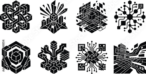 Set of black abstract digital technology, isometric data architecture, and futuristic vector icons