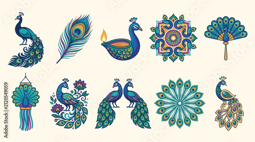 Collection of vibrant peacock illustrations and decorative designs, featuring traditional Indian art motifs and elegant bird imagery.