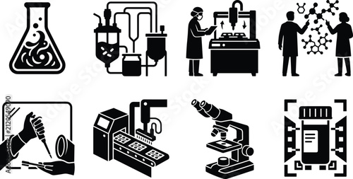 Set of black and white biotechnology, laboratory research, and pharmaceutical manufacturing icons