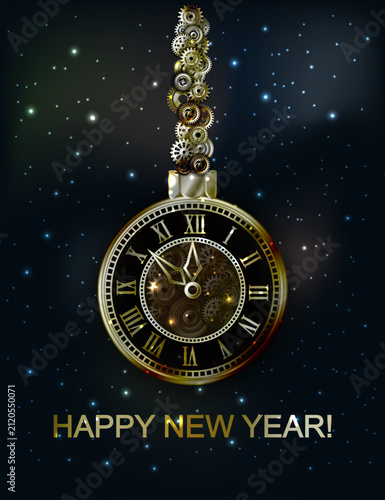 New 2027 year steampunk card with xmas clock and gears, vector illustration.