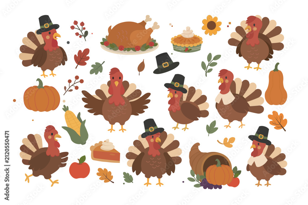 Obraz premium Cute Thanksgiving turkey collection with roasted turkey, pilgrim hats, pumpkins and autumn elements. Fall harvest set with cute birds and holiday food. Flat vector illustration isolated on white backg