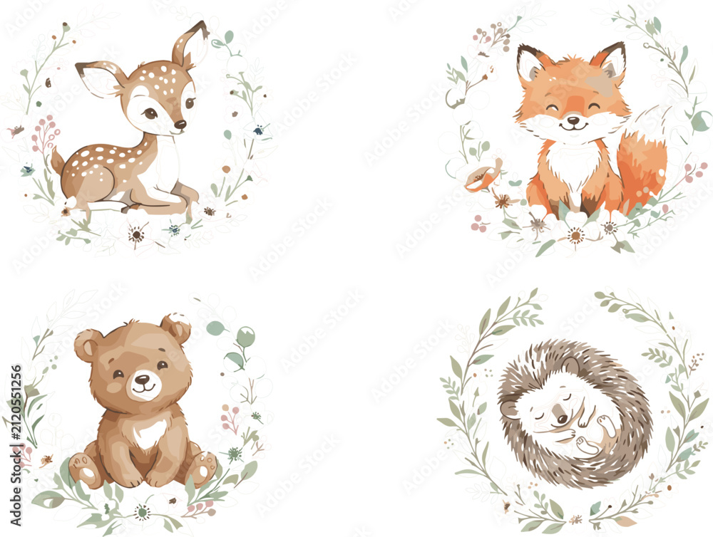 Naklejka premium Cute watercolor woodland baby animals vector collection featuring a deer fox bear and hedgehog inside delicate circular floral wreaths