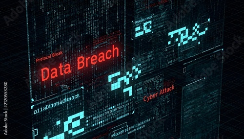 Data breach cybersecurity alert on digital network interface, information security incident concept, cyber threat detection and advanced data protection technology background