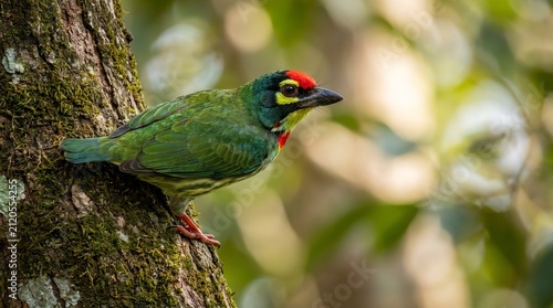 Coppersmith Barbet (Psilopogon haemacephalus) Perched on a Tree Branch – Vibrant Tropical Forest Bird
