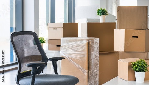 bright office with wrapped chairs and cardboard boxes during business moving and relocation