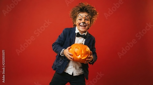 Happy boy with tiger face paint holding a carved pumpkin