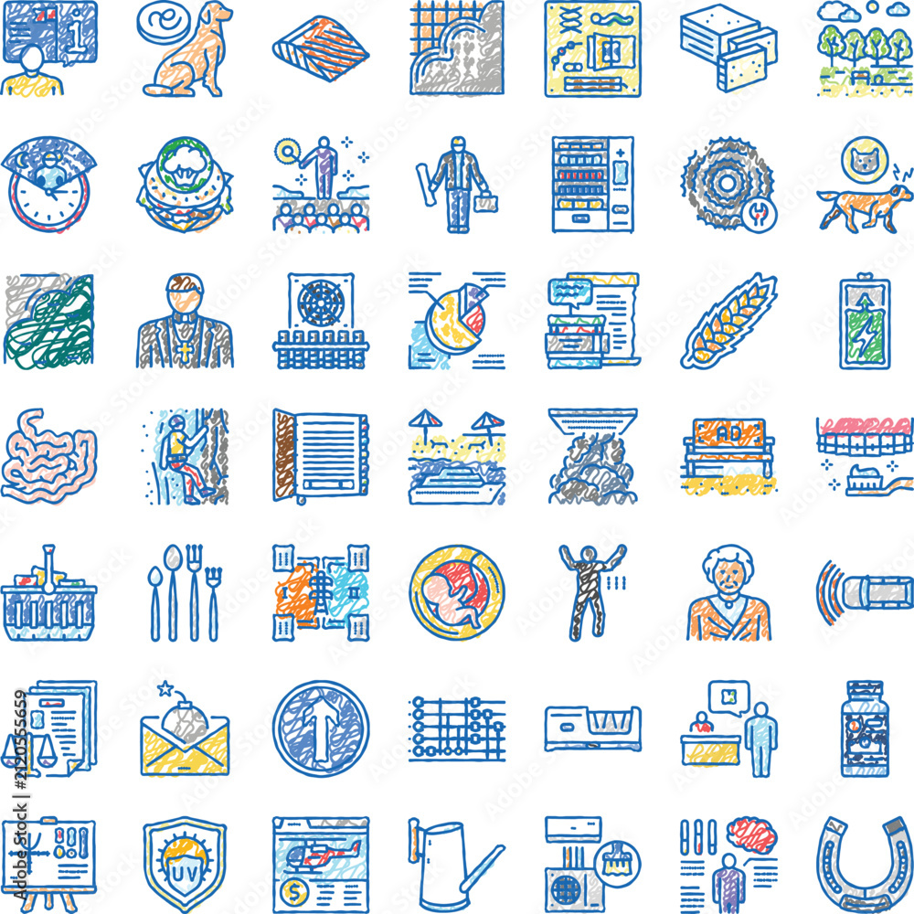 Fototapeta premium Colorful hand drawn doodle icon set depicting diverse concepts, objects and activities for infographics, uiux, presentations and creative visual communication projects