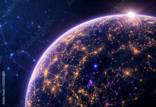 Global network connection and digital communication concept, abstract background with glowing lines and nodes on a dark planet earth representing internet technology