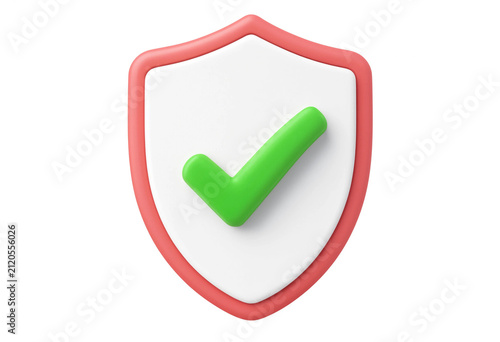 3d shield icon with a green check mark, representing security, protection, verification, and safety, isolated on white background