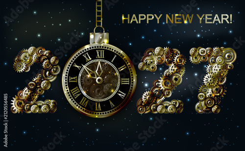 2027 steampunk new year banner with xmas clock and gears, vector illustration.