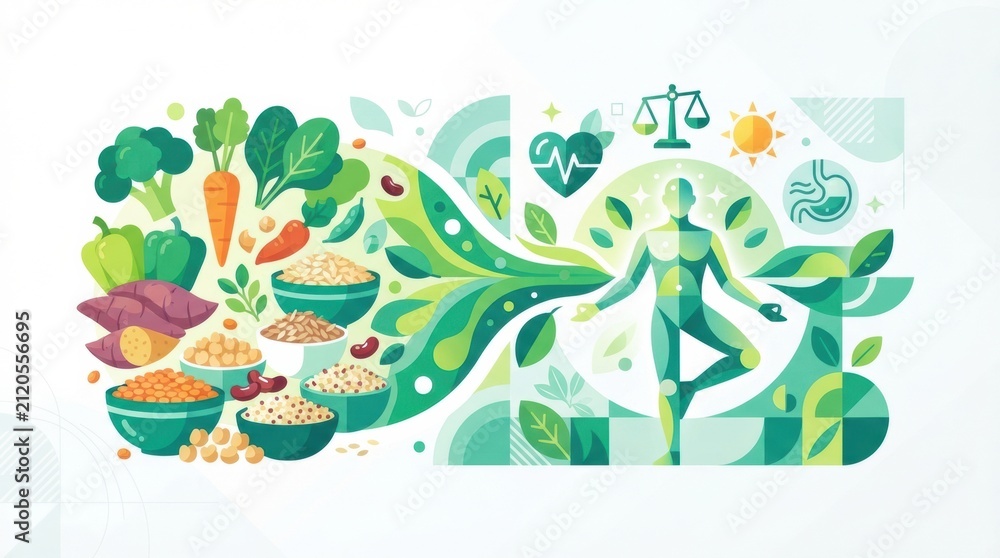 Naklejka premium Visual shows a person meditating surrounded by various healthy foods like vegetables, legumes, and grains that support better eating habits.