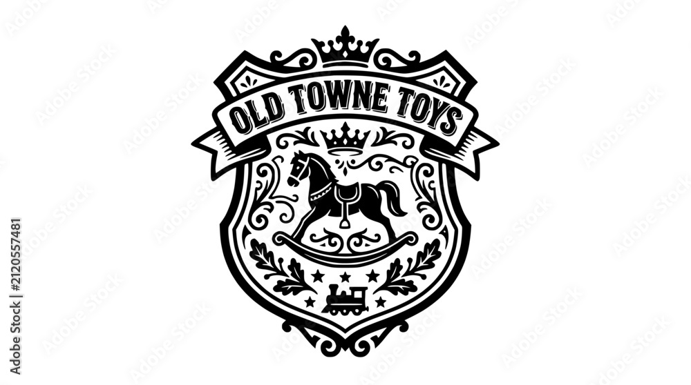Fototapeta premium Vintage toy shop crest with rocking horse and train.