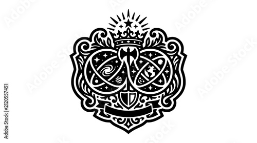 Obraz na plátne Heraldic shield emblem with crown and astronomical compass.
