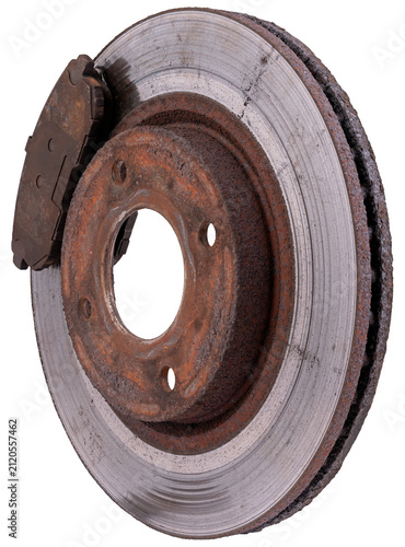 Old brake pads and discs from a passenger car. Isolated background.