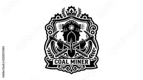Coal miner crest with pickaxes and industrial helmet.