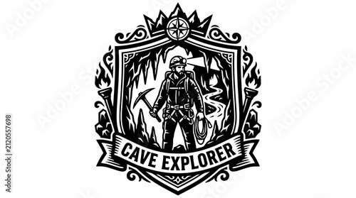 Cave Explorer badge with spelunker and gear illustration.