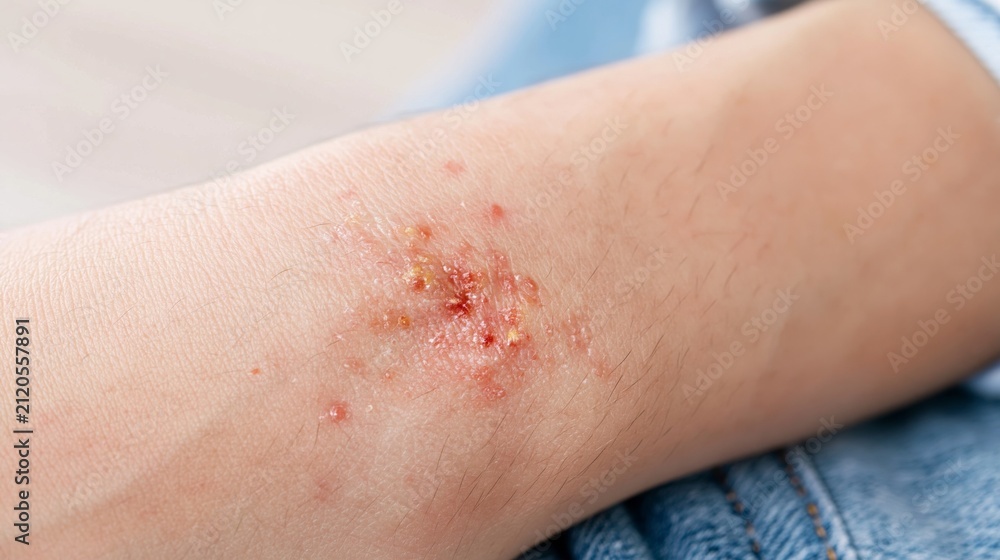 Fototapeta premium Infected human skin showing pus filled blisters, inflamed red patches, and irritation