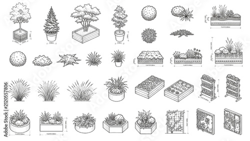 Rooftop Landscape CAD Blocks Green Roof Planters Vector Architecture Collection Set